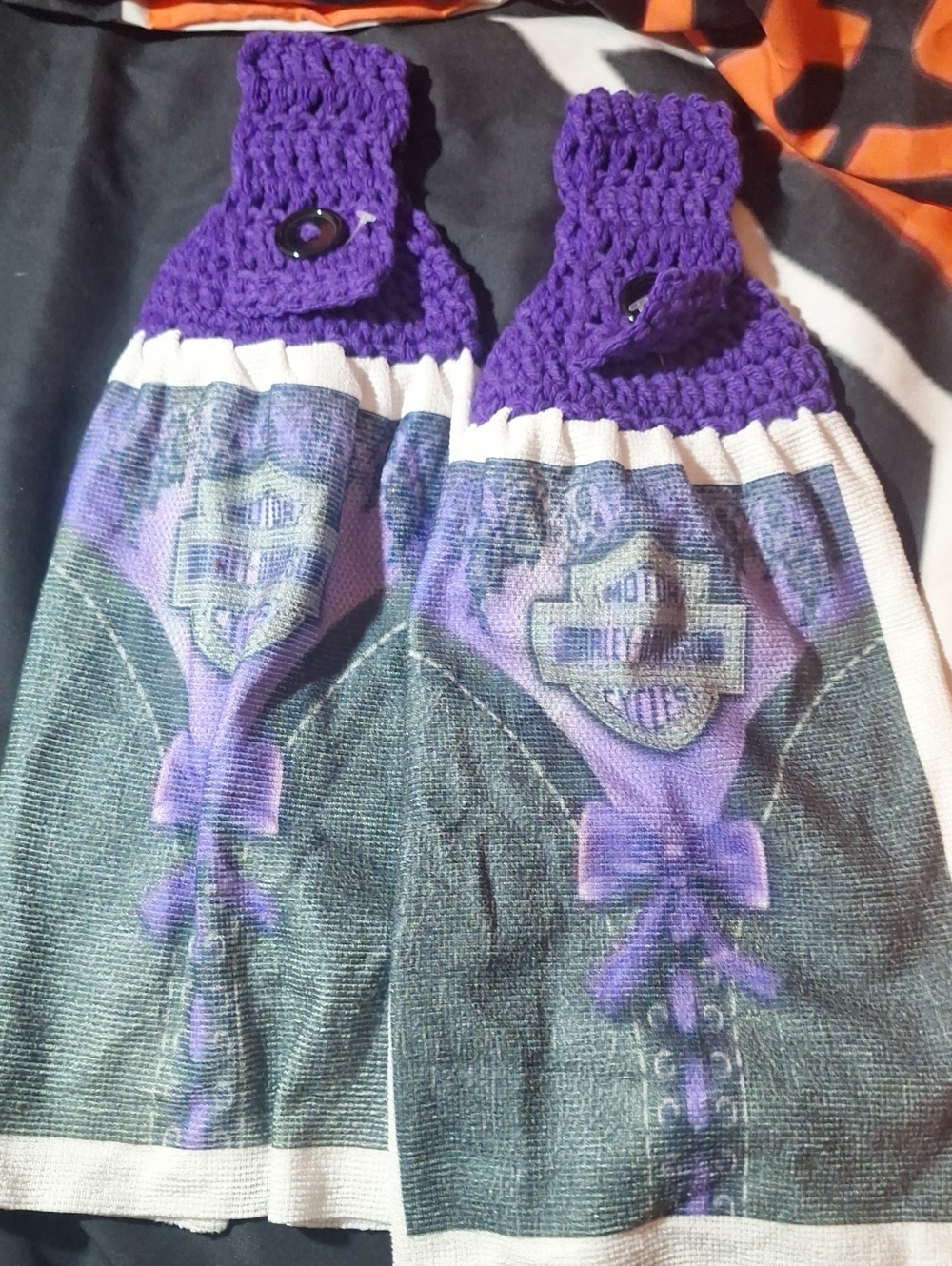 New Artisan Handmade Harley-Davidson Themed Purple Crocheted  Kitchen Towels